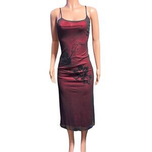 Whistle sleeveless burgundy and black midi mesh overlay and floral print dress M